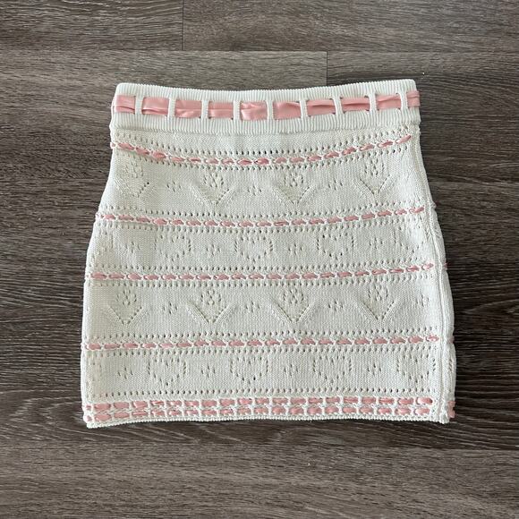 NWOT Bernadette Nina Heart Pointelle Knit Mini Skirt White Pink Ribbon Trim Lace - Picture 9 of 15